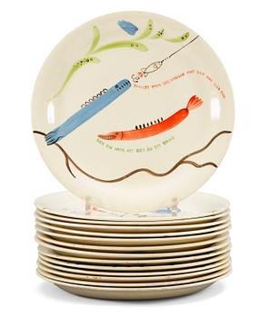 1187. A set of fourteen Stig Lindberg creamware plates "Löja", Gustavsberg 1948-62.