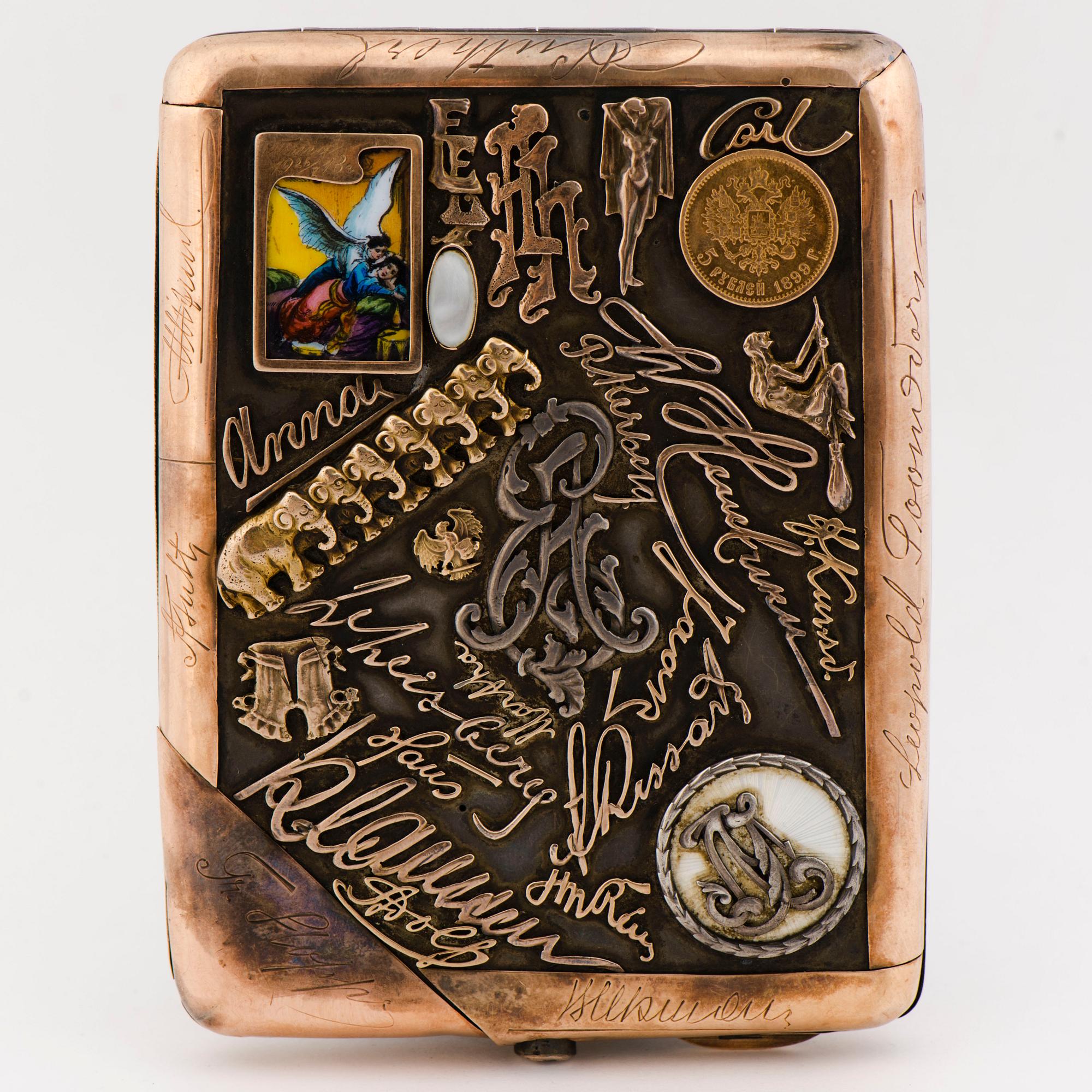 CIGARRETTETUI, silver, guld och emalj, Khlebnikov, Moskva, cirka 1910.
