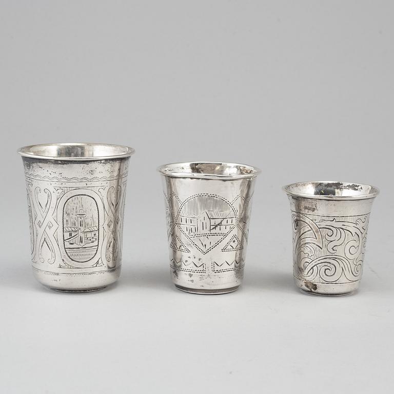 Three Russian silver beakers, late 19th century.