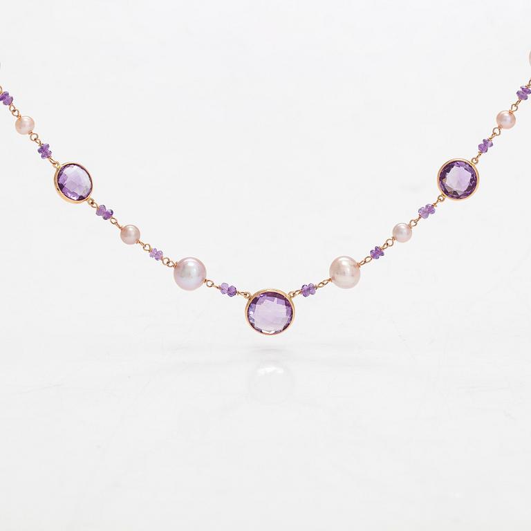 An 18K rose gold necklace, with amethysts and cultured pearls. Italy.