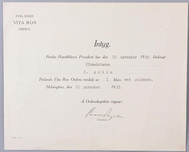MEDALJ, Finlands Vita Ros, av första klassen med guldkors. Utdelad 1935.
