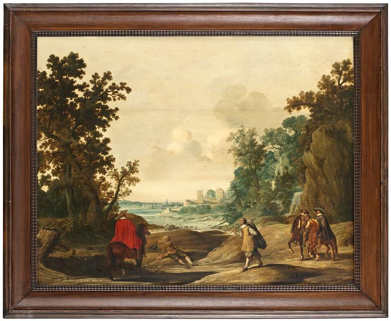 Gerrit Claesz. Bleker (Blecker) Tillskriven, Vidsträckt landskap med ryttare och tiggare.