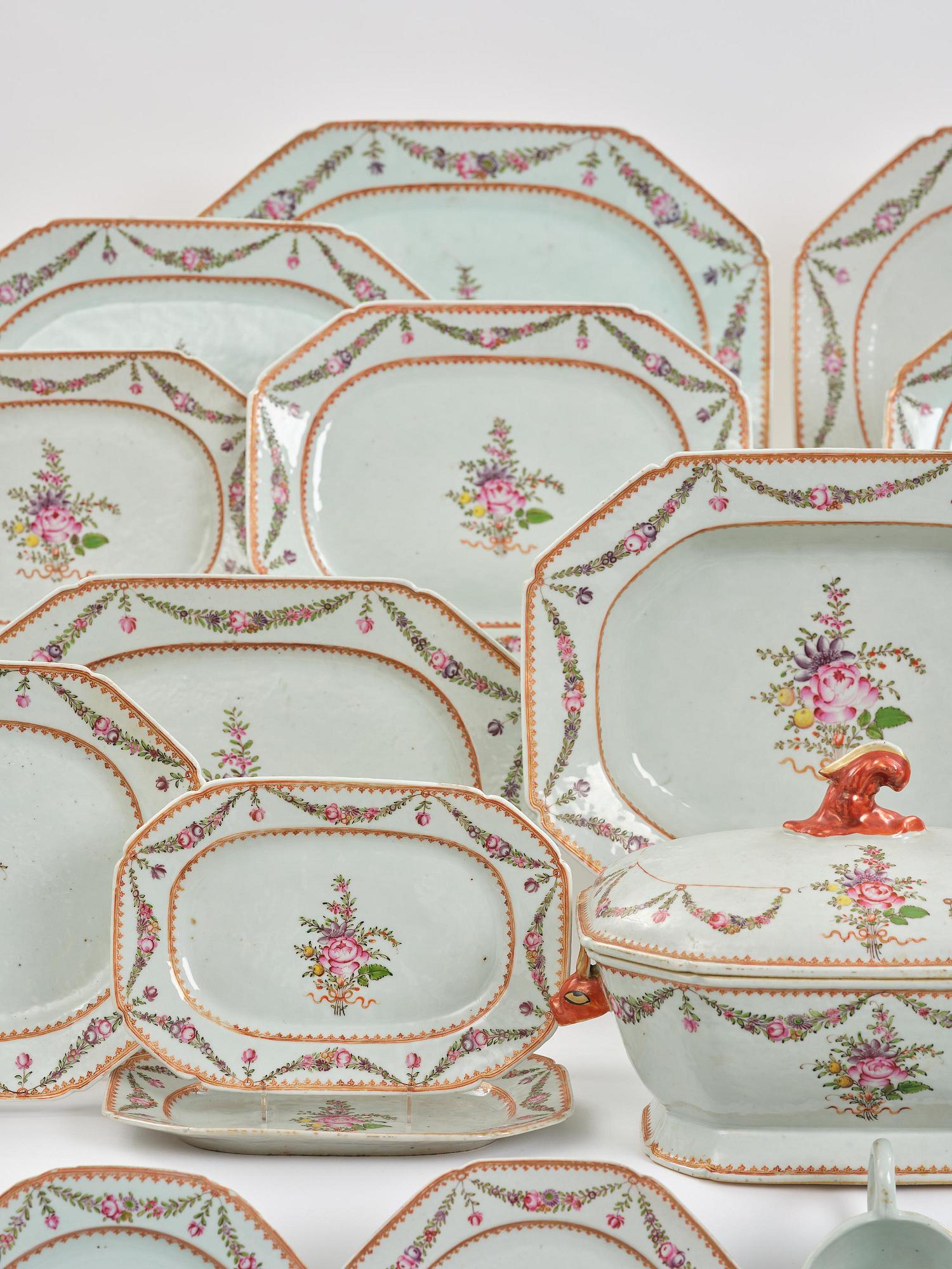 An extensive famille rose dinner service, Qing dynasty, Qianlong (1736-95). (106 pieces).