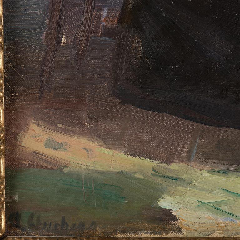 Anna Ancher, Interior of the blue room with the artist's mother Ane Brøndum reading.