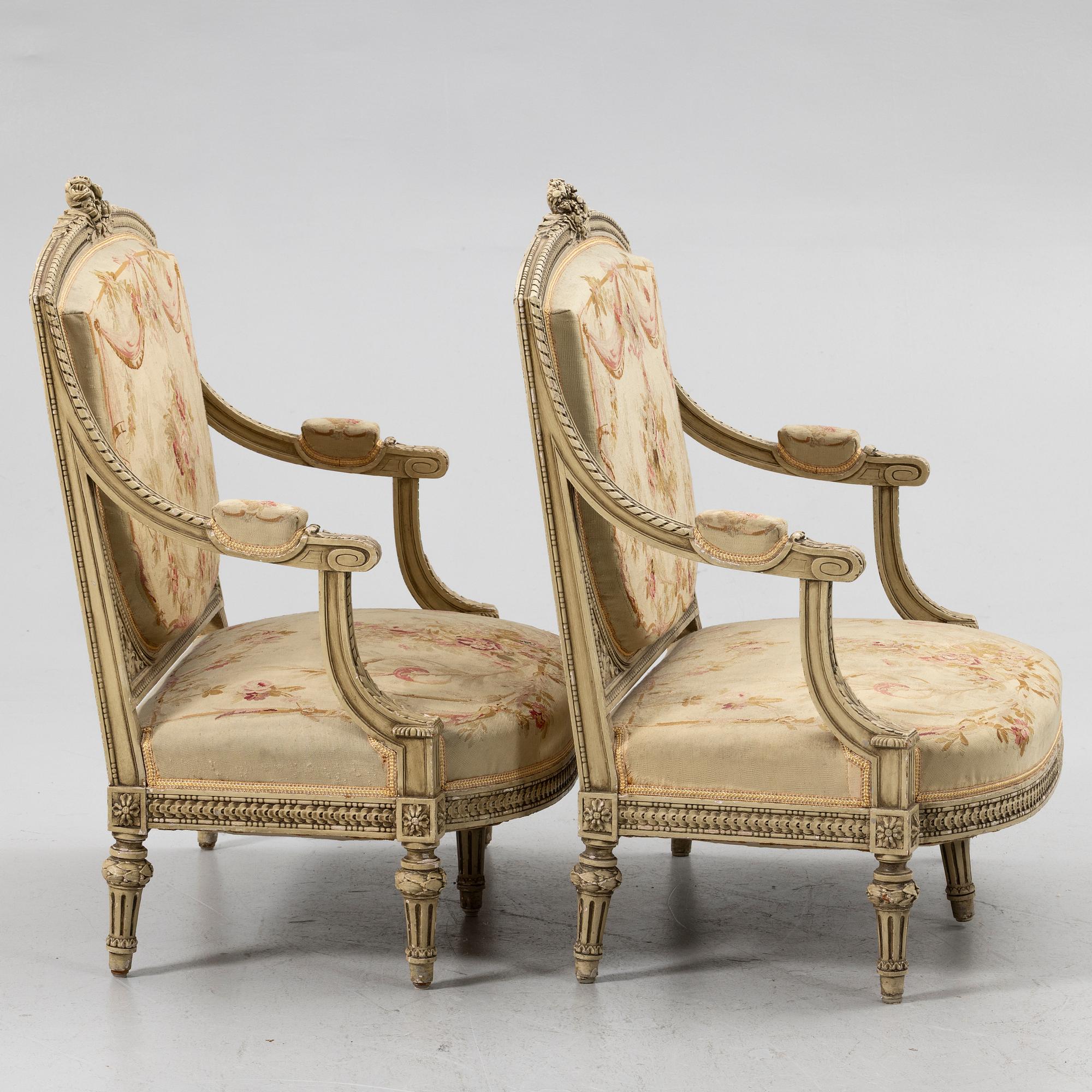 Sofas, a pair, Louis XVI style, first half of the 20th century.