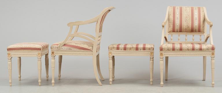 KARMSTOLAR SAMT FOTPALLAR, två par, Gustaviansk stil, omkring sekelskiftet 1900.