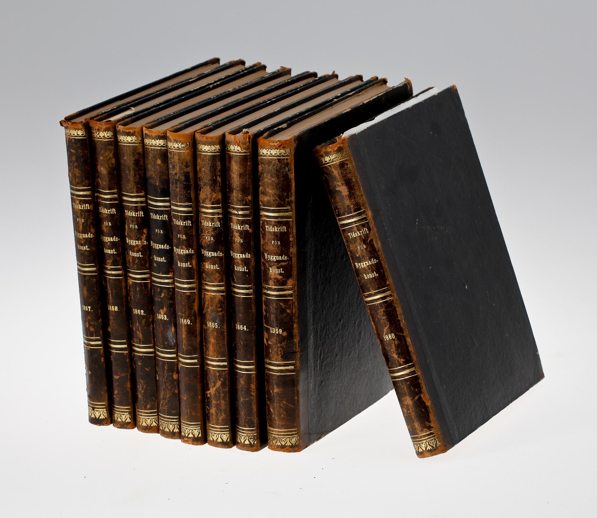 BOKVERK, 9 vol, "Tidskrift för Byggnadskonst och Ingeniörsvetenskap" av G. Nerman & EV Langlet. 1859-1869.
