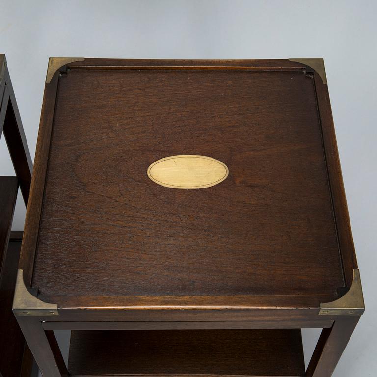 A pair of English walnut side tables, later part of the 20th century.