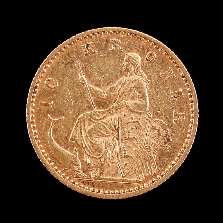 GULDMYNT, Christian IX, 10 kroner, Danmark, 1900. Vikt ca 4 gram.