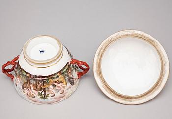 FAT samt SKÅL med LOCK, porslin, Napoli-liknande märke, sannolikt 1900-talets början.