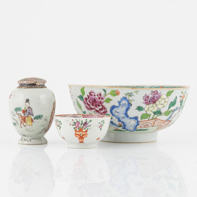 A Famille Rose cup, bowl and tea caddy, China, Qianlong (1736-95).