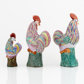 Three porcelain roosters, China, 20th century.