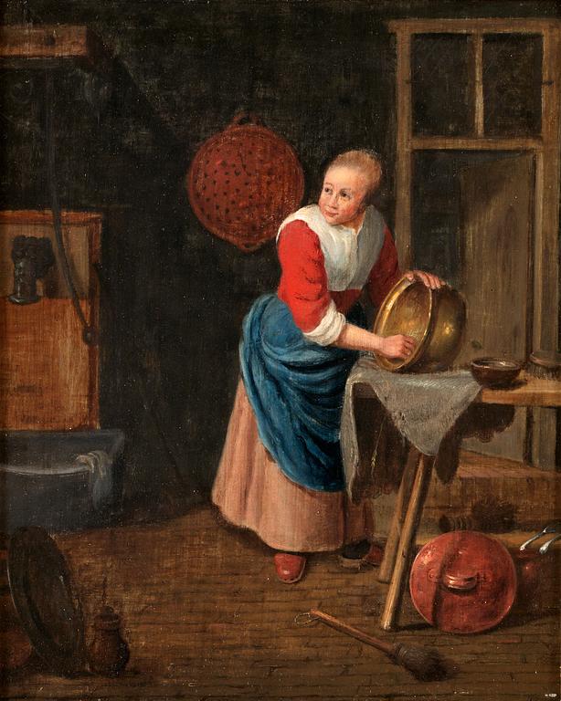 Quiringh Gerritsz. van Brekelenkam Hans krets, Köksinteriör kvinna putsande mässingskittel.