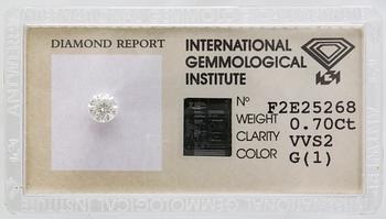 Brilliant-cut diamond 0,70 ct G VVS2, IGI certificate F2E25268, 1997.