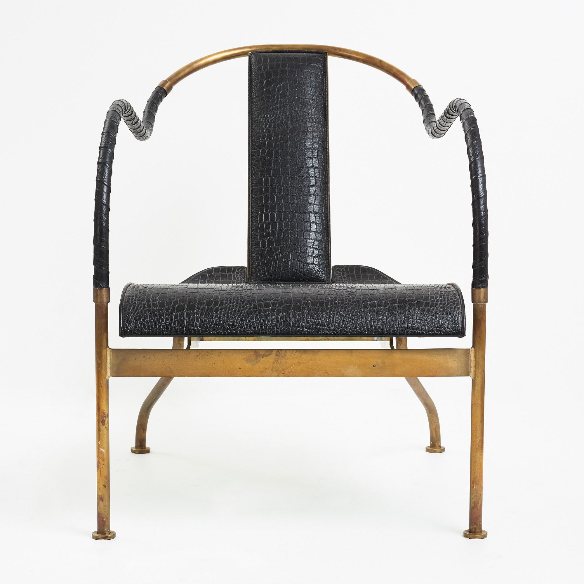 Mats Theselius, an "El Rey" brass and black leather armchair, Källemo, Sweden post 1999.