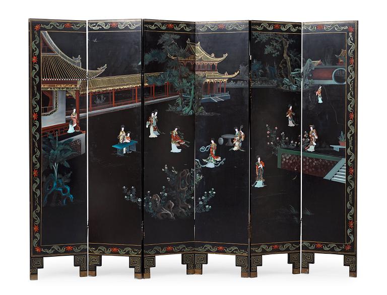 A Chinese six fold screen, late Qing dynasty (1644-1912).