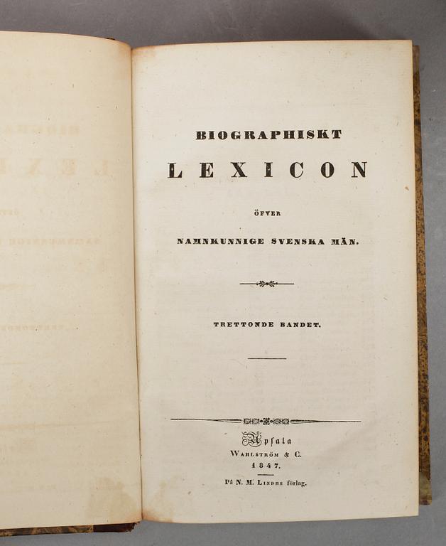 BIOGRAPHISKT LEXICON ÖFVER NAMNKUNNIGE SVENSKA MÄN, 23 vol, Uppsala resp Örebro 1835-57.