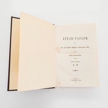 Bokverk, "Ättar-taflor", volym I-II, A-Ö,   Oskar Wasastjerna, Borgå 1879-1880.