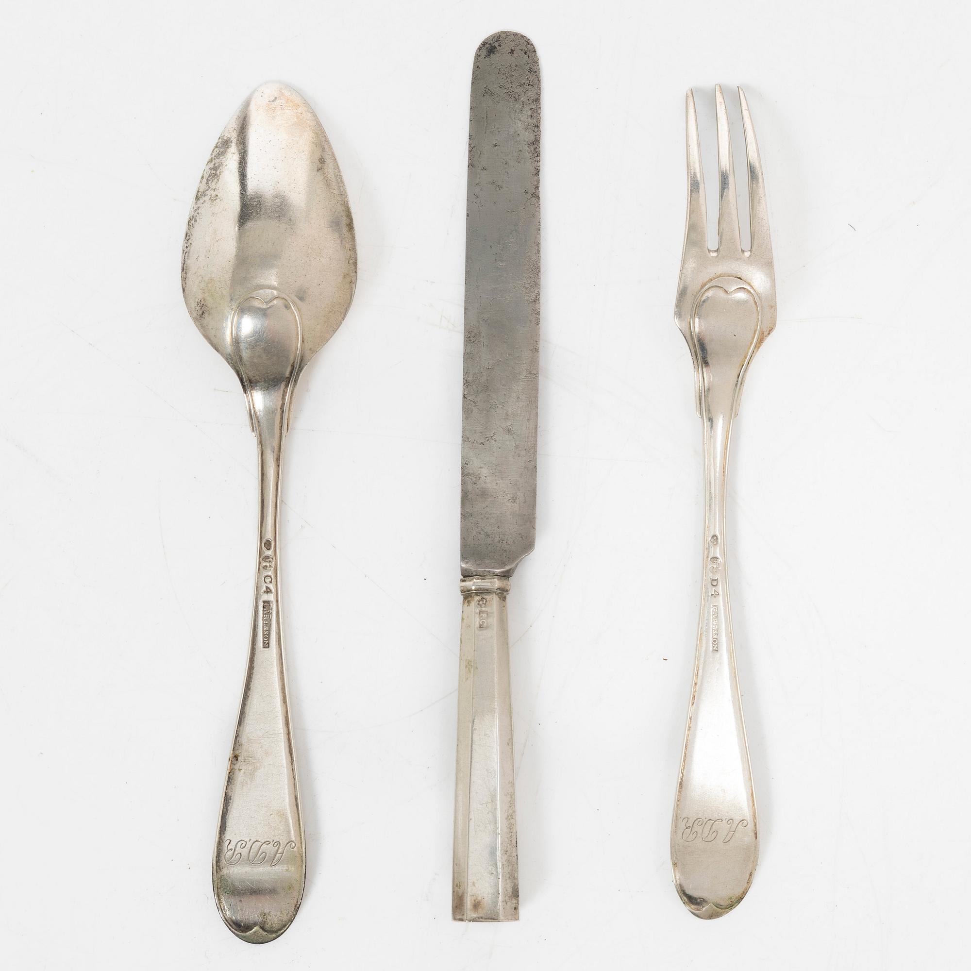 A three piece silver travel cutlery set in case, mark of Johan Carlsson, Norrköping 1833-34.