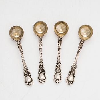 A set of four salt cellars with spoons, and a cream jug and sugar bowl, London, England 1902-1903.