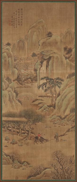 RULLMÅLNINGAR med KALLIGRAFI, två stycken, sen Qing dynastin (1644-1912). Berg- och flodlandskap med vandrare.