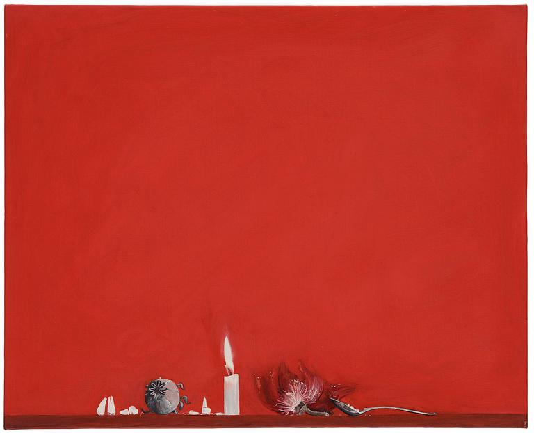 Ylva Snöfrid, “Xenia with candle, cut poppy capsule, poppy flower, spoon with heroin and wisdom teeth”.