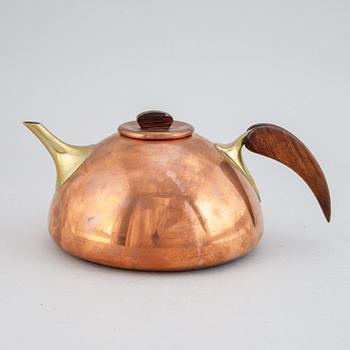 A copper, brass and rosewood teapot, Illums Bolighus, Denmark, 1950's.