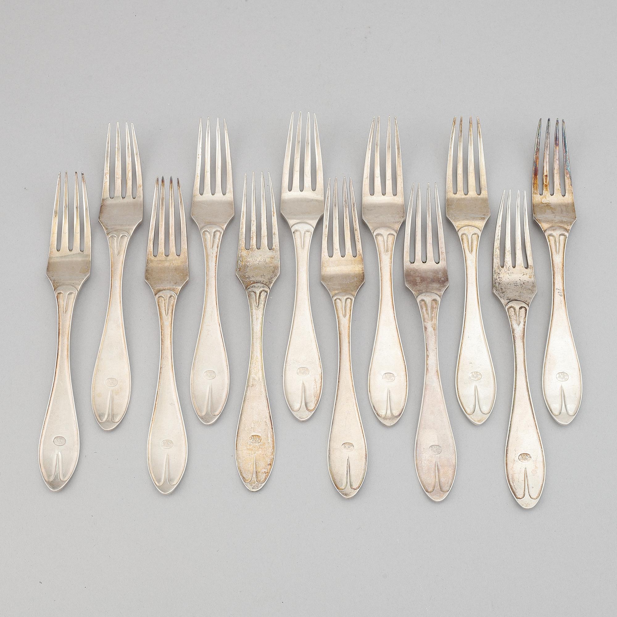 Twelve silver forks by Johan Carlsson, Norrköping, 1821-30.