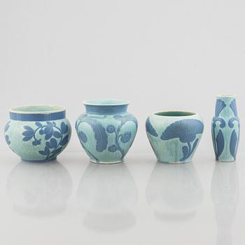 Josef Ekberg, a creamware vase and three pots, 'Sgrafitto', Gustavsberg 1923-1925.