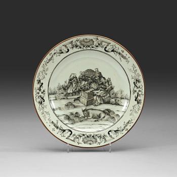 A 'European Subject' grisaille dish with a biblical scene, Qing dynasty, Qianlong (1736-1795).