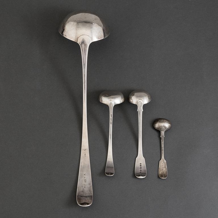 A large silver ladle and three smaller silver ladles, part London and Edinburgh, 1800/1900s.