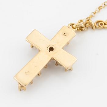 Pendant in the form of a cross with a chain, 14K gold with enamel and round brilliant-cut diamonds.