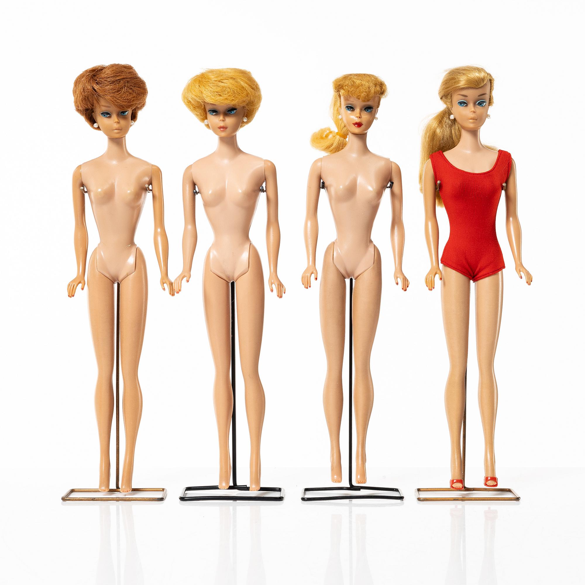 Barbie dolls, 4 pcs, along with clothes and accessories, Mattel, 1960s.