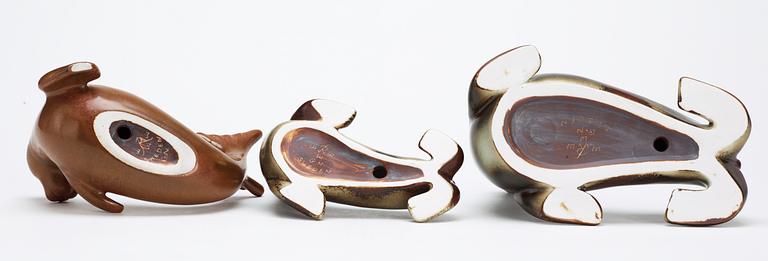 Three Gunnar Nylund stoneware figures of seals, Rörstrand.