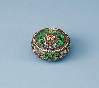 A Russian silver and cloisonné enamel piller-box, unidentified maker, Moscow 1896-1908.