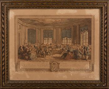 AUGUSTIN DE SAINT-AUBIN, efter, 2 st handkolorerade etsningar, L. Provost, 1800-tal.