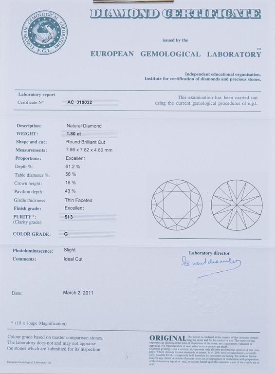 A RING, brilliant cut diamond 1.80 ct. G/si3 . 6 trapez cut diamonds c. 0.3 ct. EGL certificate.