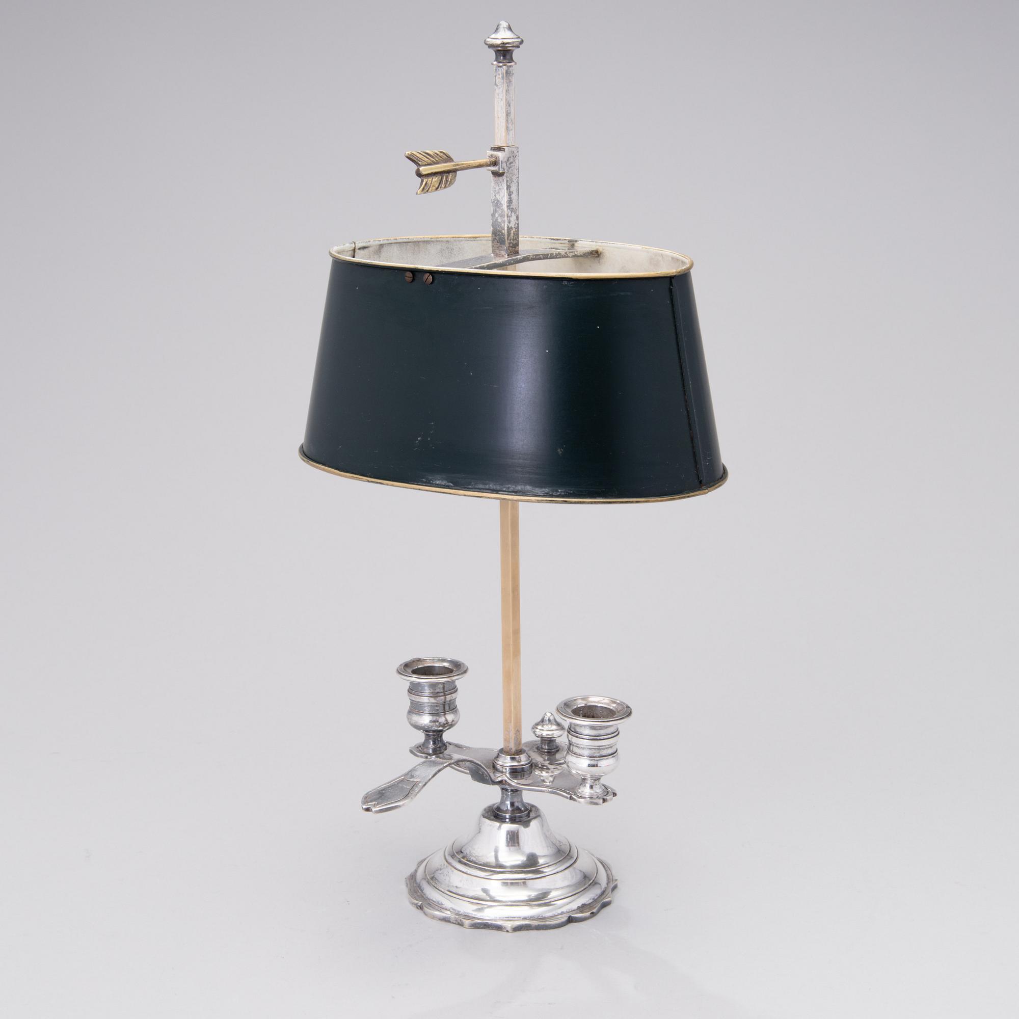 A BOUILOTTTE DOUBLE CANDLESTICK LAMP, silverplated, early 20th century.