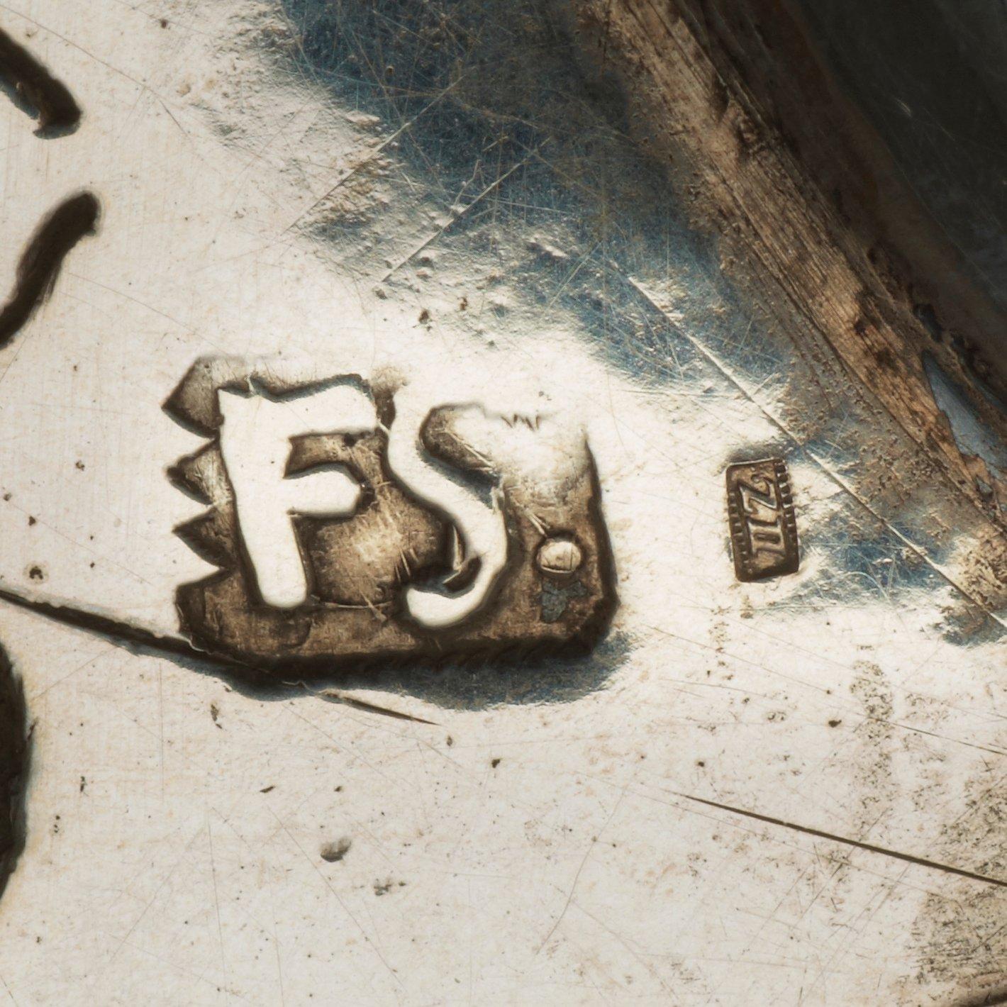 KALLSKÅLSSKÅL, icke identifierad mästarstämpel FS slagen två gånger, Trondheim/Møre c:a 1700.