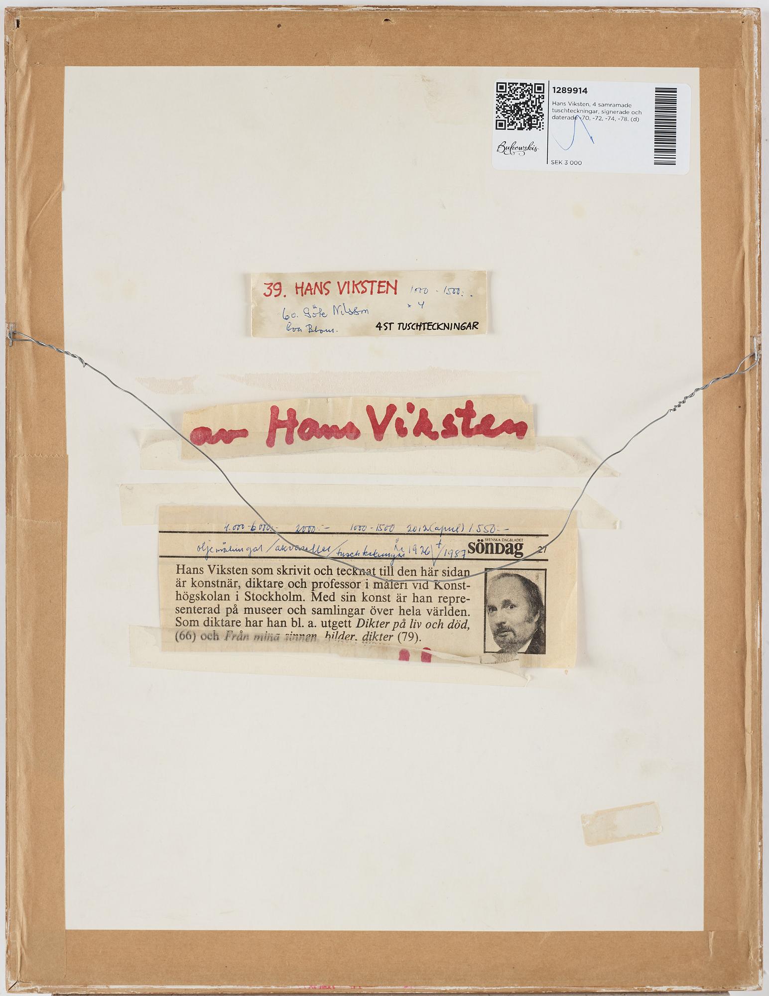 Hans Viksten, 4 framed indian ink drawings, signed and dated -70, -72, -74, -78.