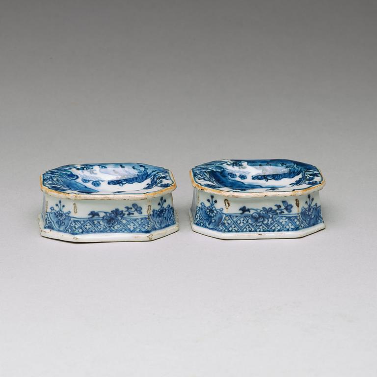 A pair of blue and white salts, Qing dynasty, Qianlong (1736-95).