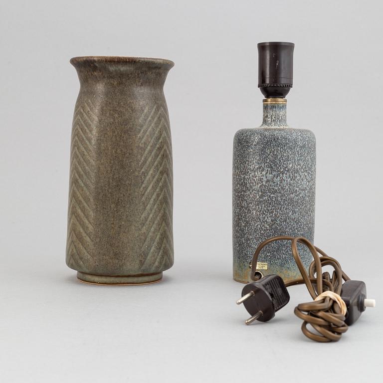 Carl-Harry Stålhane, a stoneware vase, Rörstrand Ateljé and a table light, Rörstrand, second half of the 20th Century.