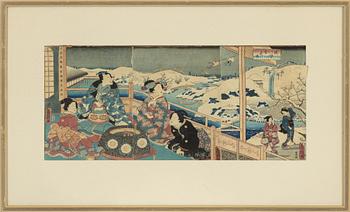 Utagawa School, a set of three woodblock print triptychs, later part of the 19th Century.