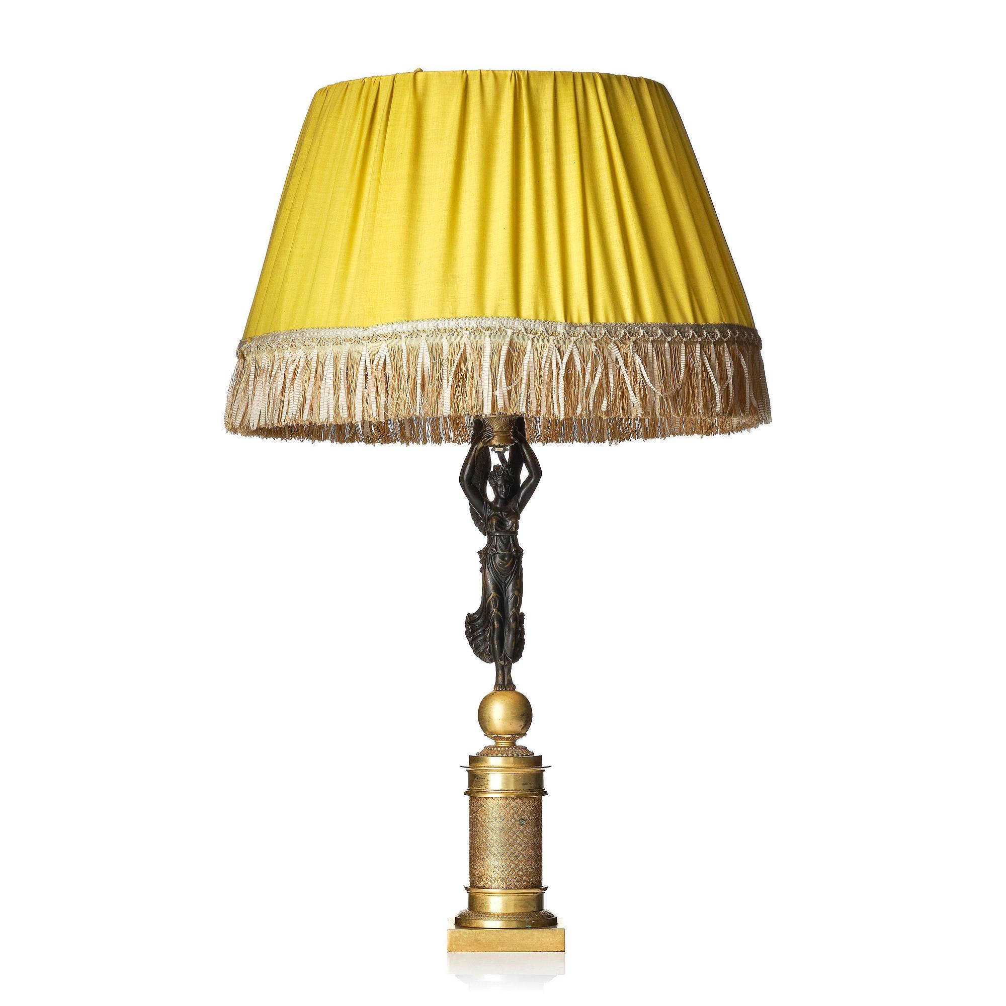 A French Empire ormolu and patinated bronze table lamp, early 19th century.