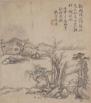 Zhang Geng (1685-1760), albumblad, nio stycken, akvarell och tusch på papper. Qingdynastin, daterad 1728.