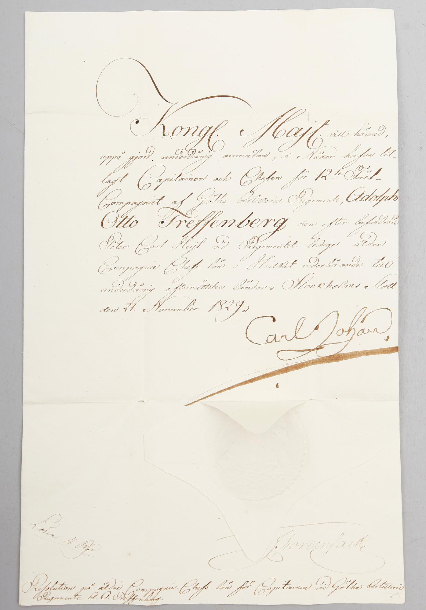 SAMLING MILITÄRA DOKUMENT, bla 3 med Carl XV signatur, 2 med Carl XIV Johans signatur och 3 med Gustaf V signatur.