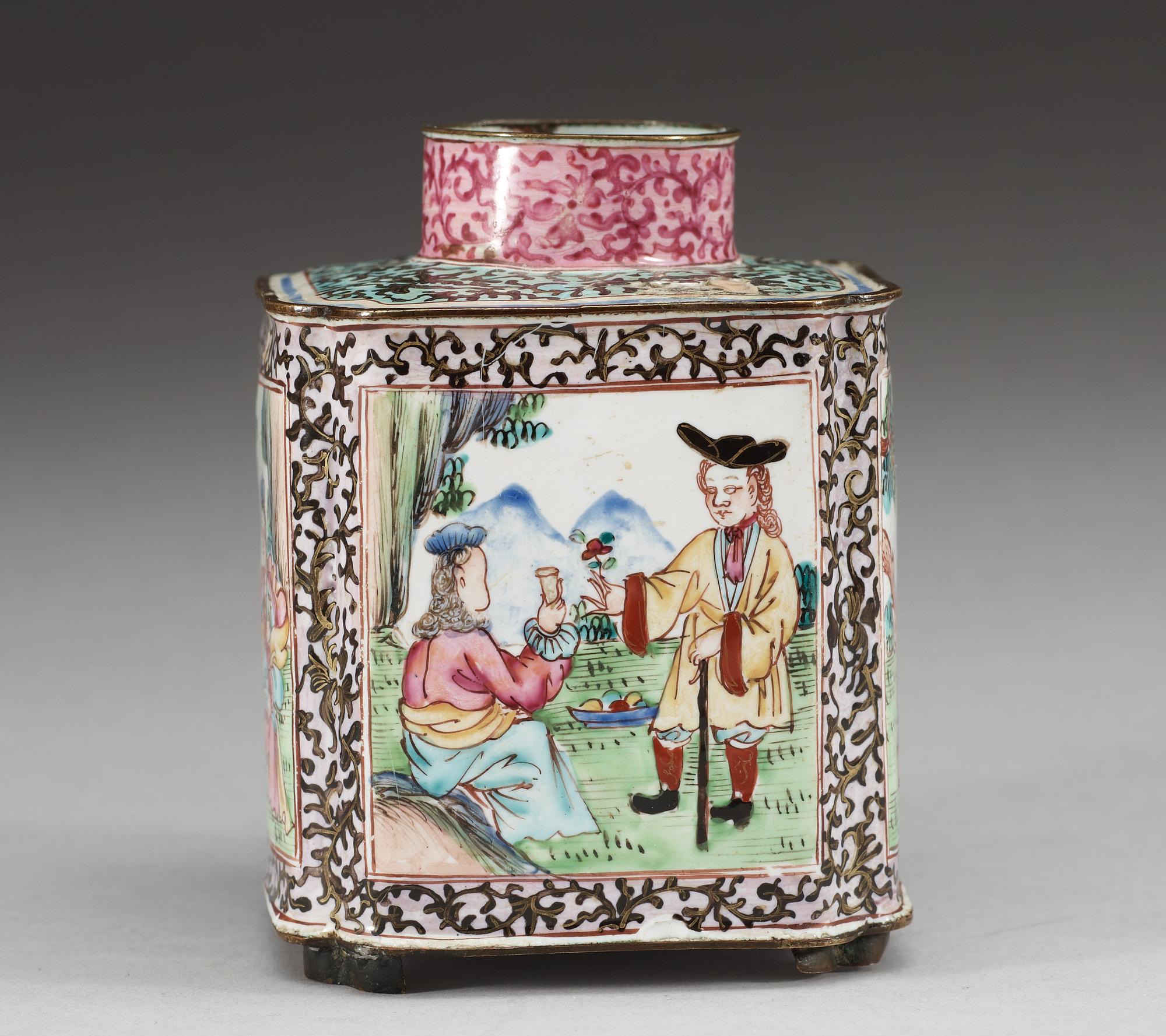 An enamelled 'European Subject' tea caddy, Qing dynasty, 18th Century.