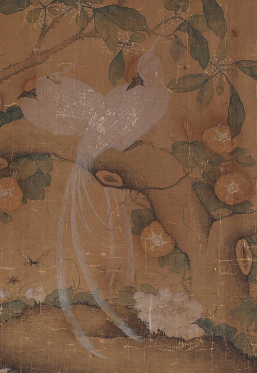 A painting with birds and butterflies in a flowering garden, Qing dynasty (1644-1912).