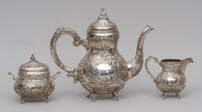 KAFFESERVIS , 3 delar, silver, rokokostil.