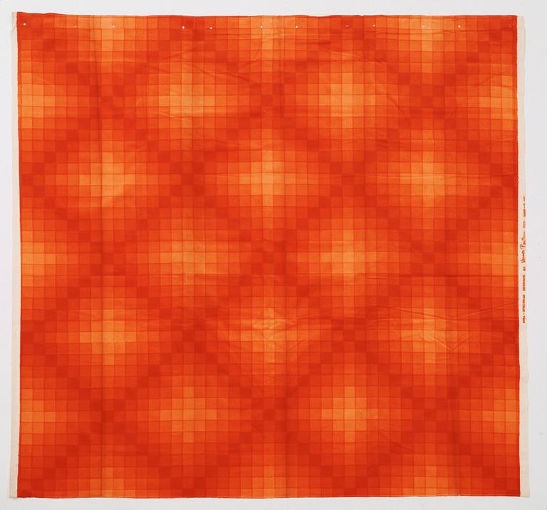 Verner Panton, CURTAINS, 2 PIECES, AND SAMPLERS, 11 PIECES.  Cotton velor. A variety of orange nuances and patterns. Verner Panton.